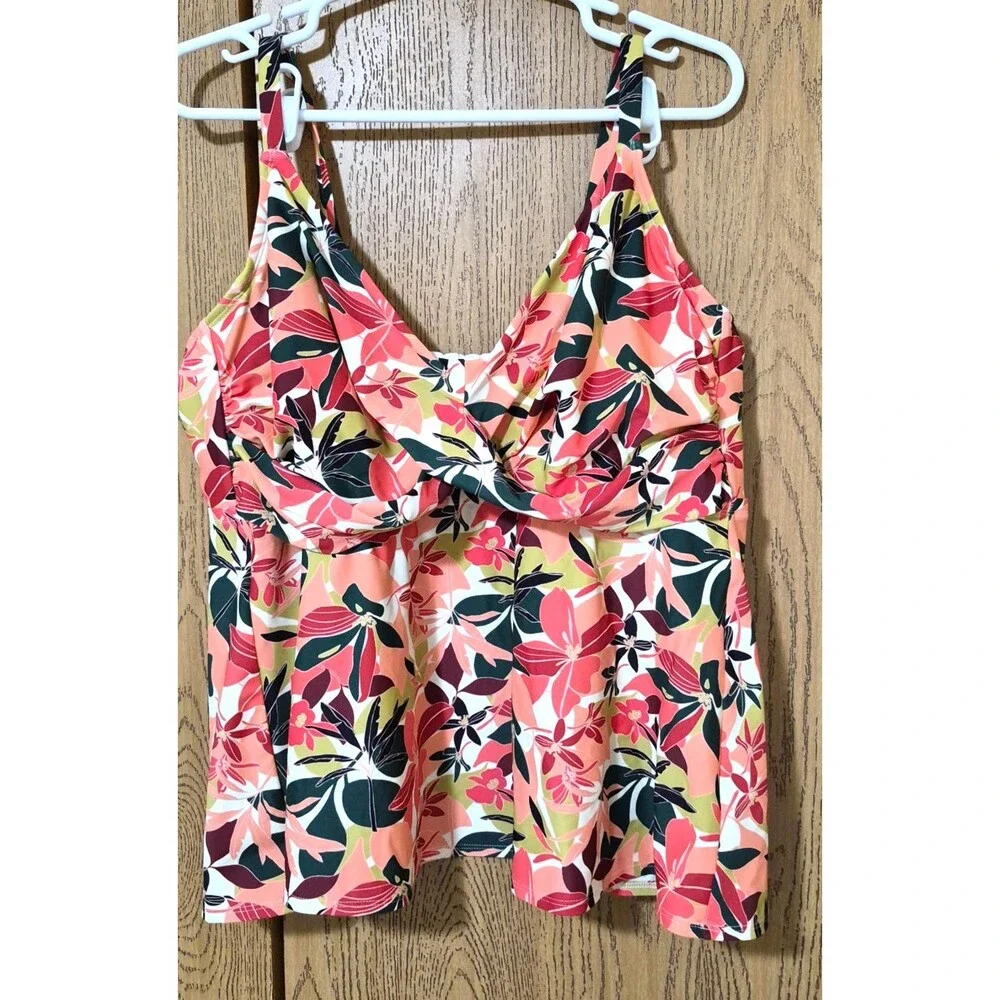 Shade & Shore Women's Orange Green Red Floral Swimsuit Tankini Top Size 22 NEW